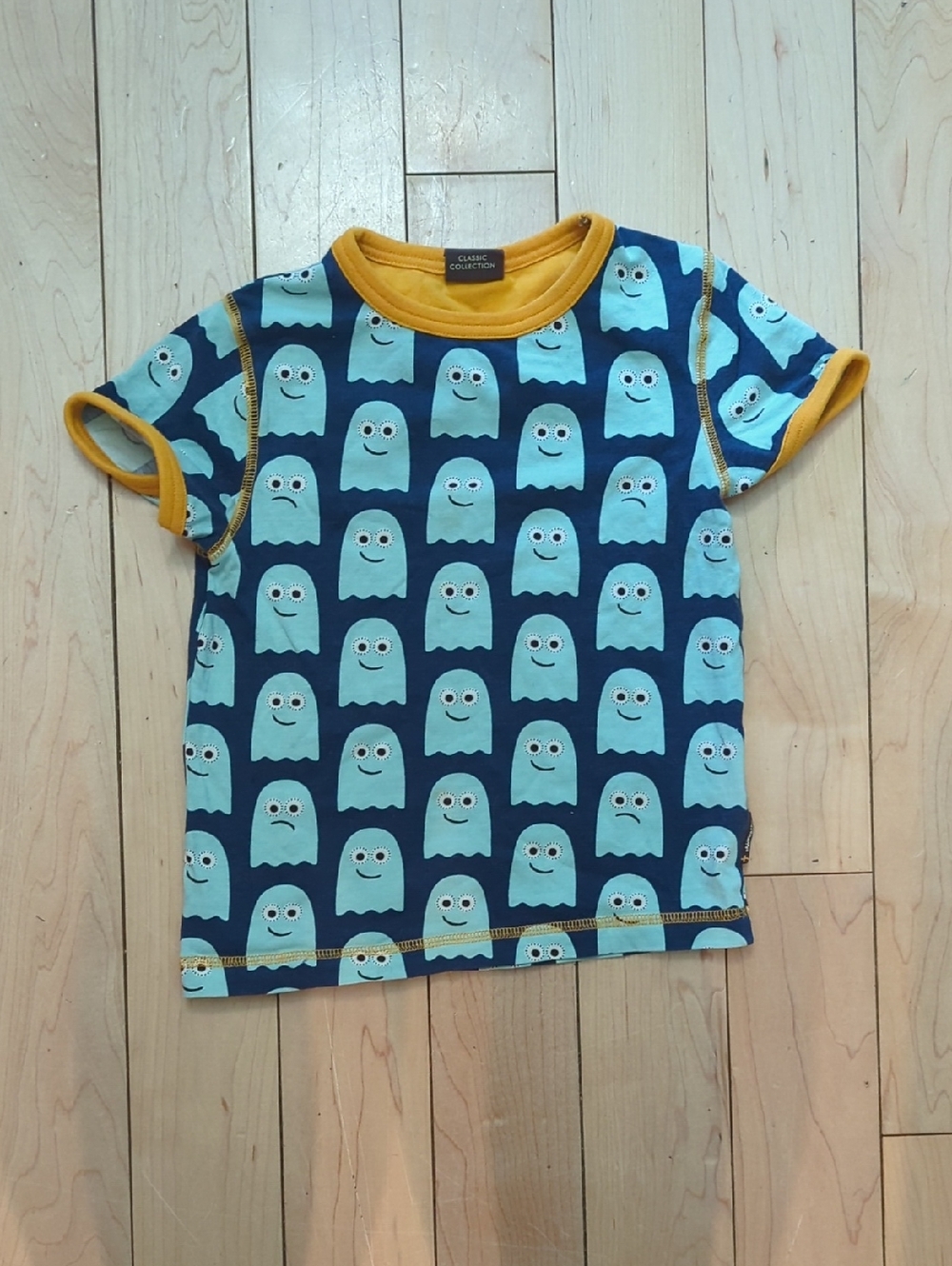 Maxomorra Kids' Blue Ghost Print Tee with Yellow Trim - 4 Years